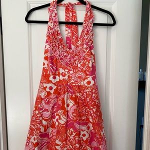 LILLY PULITZER PINK ORANGE LILLIAN RUFFLE V-NECK HALTER DRESS SZ 12
